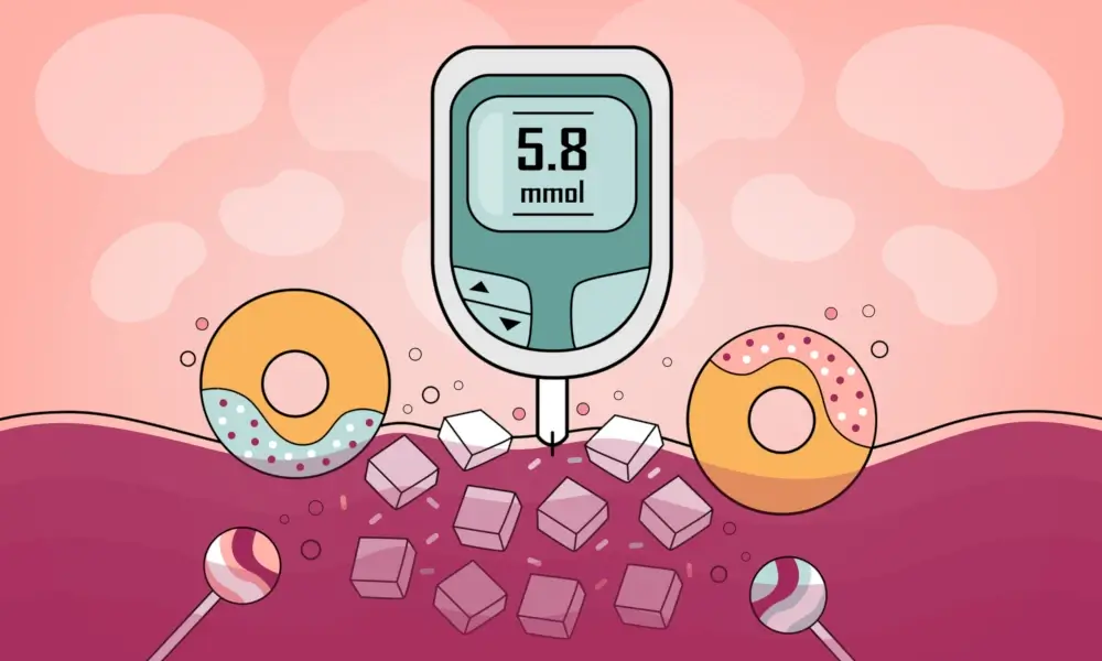 Glucose meter reading with sweets and candies illustration